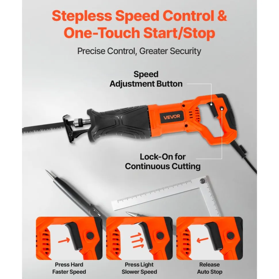 VEVOR Corded Reciprocating Saw, 120 Volt 7.5 Amp, 2800 SPM Variable Speed, 1-1/8 inch Stroke Length, Electric Reciprocating Saw with 8 Blades and Carrying Bag, for Wood, Metal, and Plastic Cutting