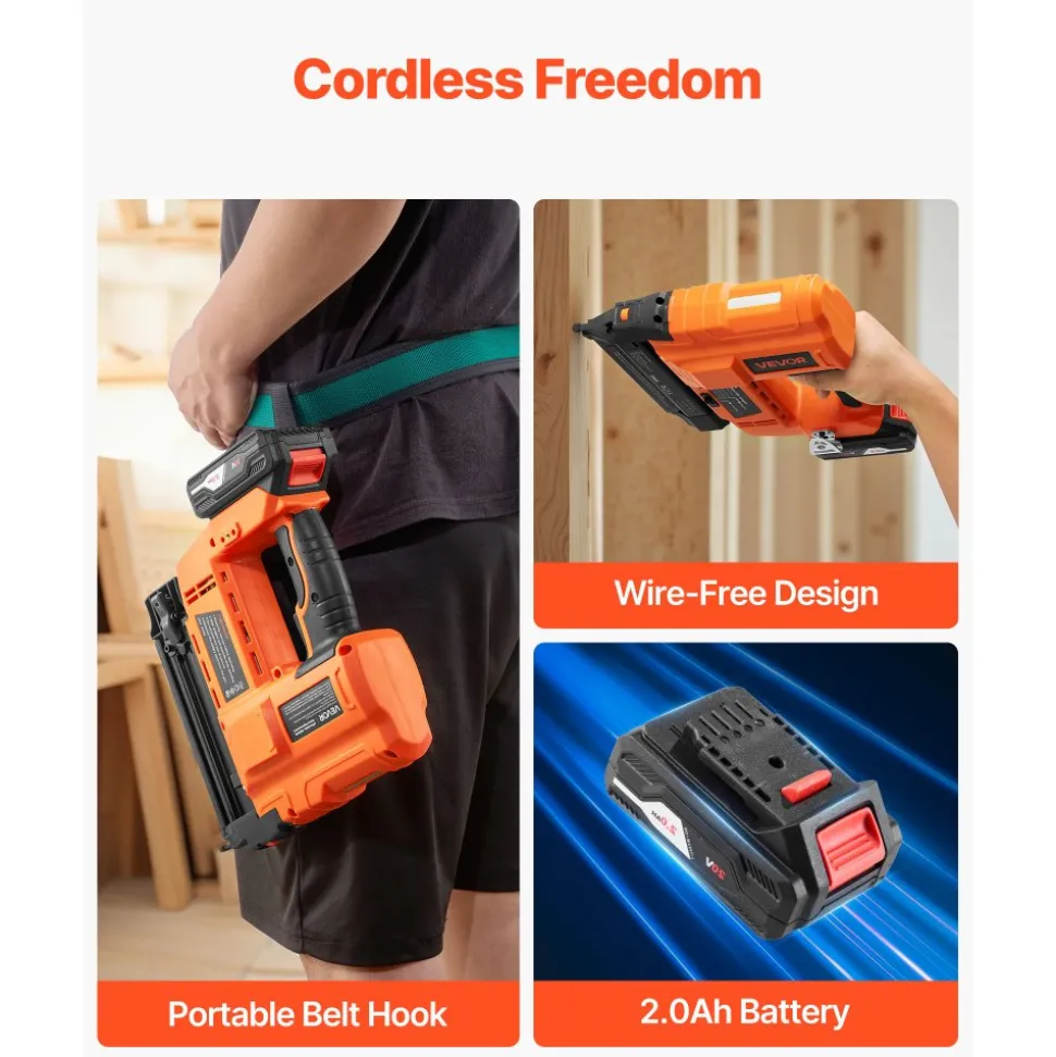 VEVOR Cordless Brad Nailer, 18 Gauge, 20V Battery Powered Nail Gun, with 500 pcs Nails, 2.0 Ah Li-ion Battery and Charger, Adjustable Nailing Depth, for Home Improvement, Woodworking, DIY Project