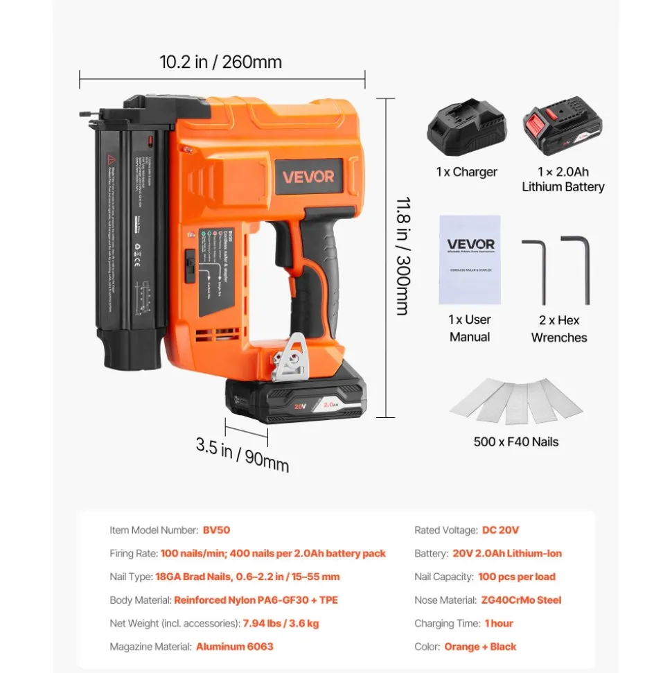 VEVOR Cordless Brad Nailer, 18 Gauge, 20V Battery Powered Nail Gun, with 500 pcs Nails, 2.0 Ah Li-ion Battery and Charger, Adjustable Nailing Depth, for Home Improvement, Woodworking, DIY Project