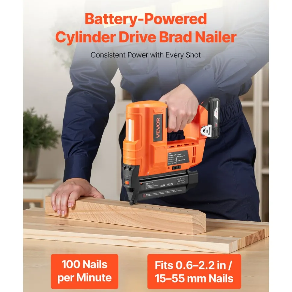 VEVOR Cordless Brad Nailer, 18 Gauge, 20V Battery Powered Nail Gun, with 500 pcs Nails, 2.0 Ah Li-ion Battery and Charger, Adjustable Nailing Depth, for Home Improvement, Woodworking, DIY Project
