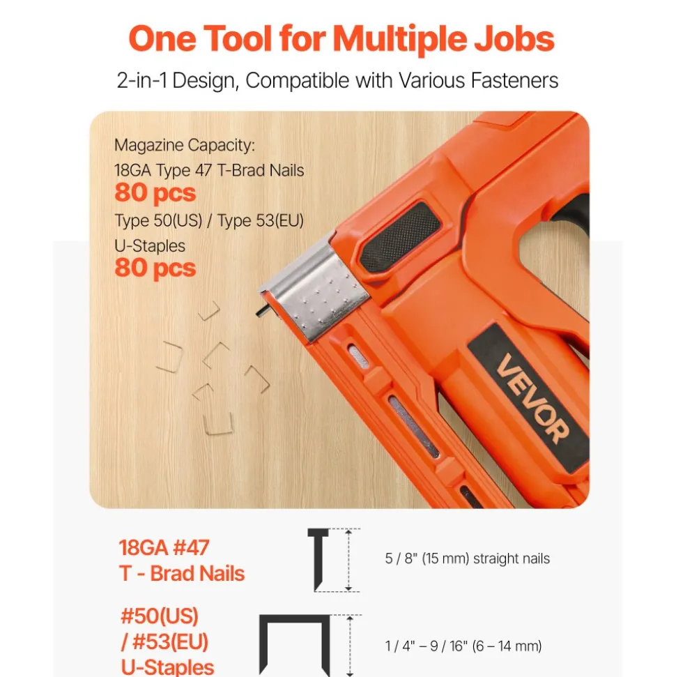 VEVOR Cordless Brad Nailer, 2-in-1 Nail Gun Staple Gun, 18 Gauge 5/8 inch, Includes 1000 Pcs Staples and 1000 Pcs Nails, with Battery and Charger, Non-Slip Rubber Grip, for Woodworking DIY Projects