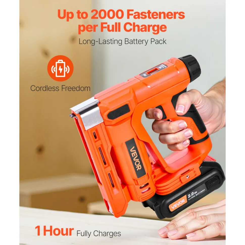 VEVOR Cordless Brad Nailer, 2-in-1 Nail Gun Staple Gun, 18 Gauge 5/8 inch, Includes 1000 Pcs Staples and 1000 Pcs Nails, with Battery and Charger, Non-Slip Rubber Grip, for Woodworking DIY Projects