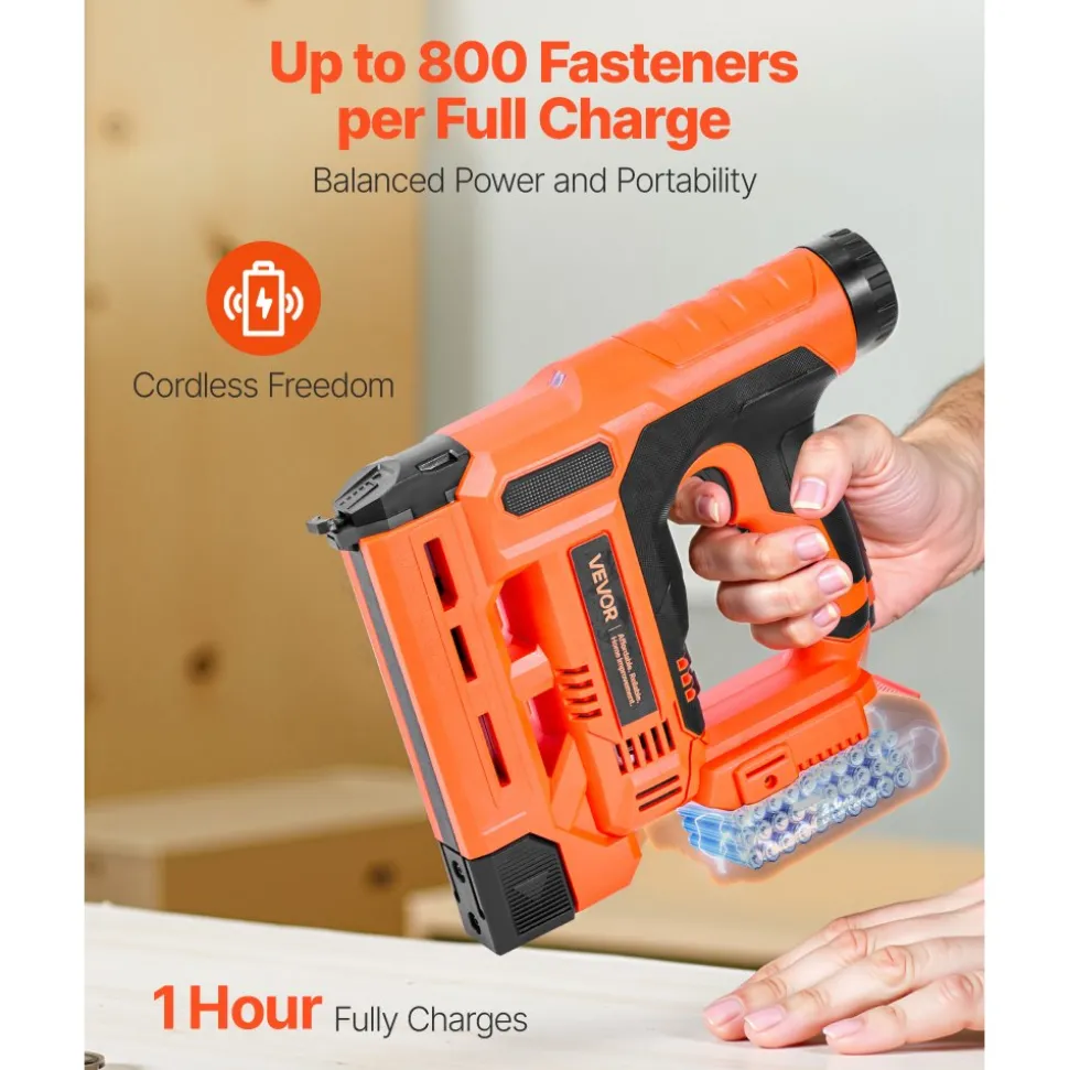 VEVOR Cordless Brad Nailer, 2-in-1 Nail Gun Staple Gun, 18 Gauge 1-1/4 inch, Includes 500 Pcs Staples and 500 Pcs Nails, with Battery and Charger, Non-Slip Rubber Grip, for Woodworking DIY Projects