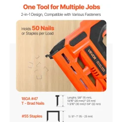 VEVOR Cordless Brad Nailer, 2-in-1 Nail Gun Staple Gun, 18 Gauge 1-1/4 inch, Includes 500 Pcs Staples and 500 Pcs Nails, with Battery and Charger, Non-Slip Rubber Grip, for Woodworking DIY Projects