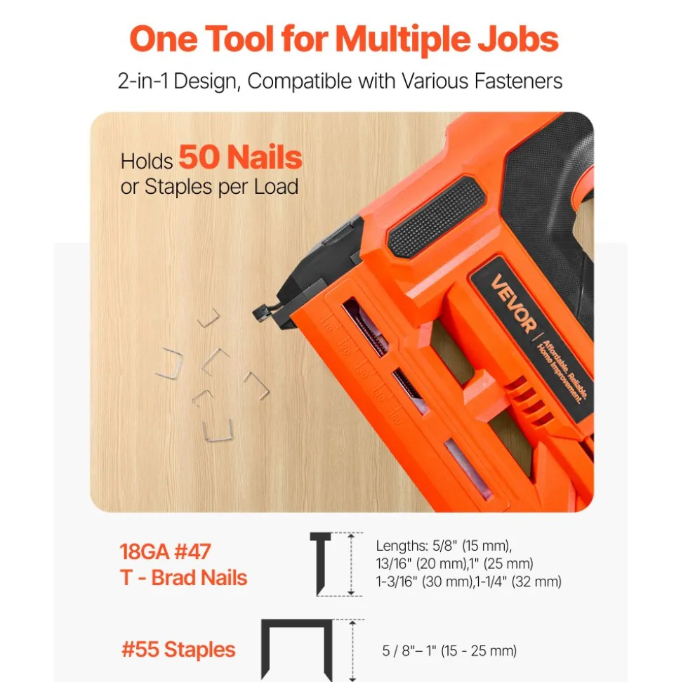 VEVOR Cordless Brad Nailer, 2-in-1 Nail Gun Staple Gun, 18 Gauge 1-1/4 inch, Includes 500 Pcs Staples and 500 Pcs Nails, with Battery and Charger, Non-Slip Rubber Grip, for Woodworking DIY Projects