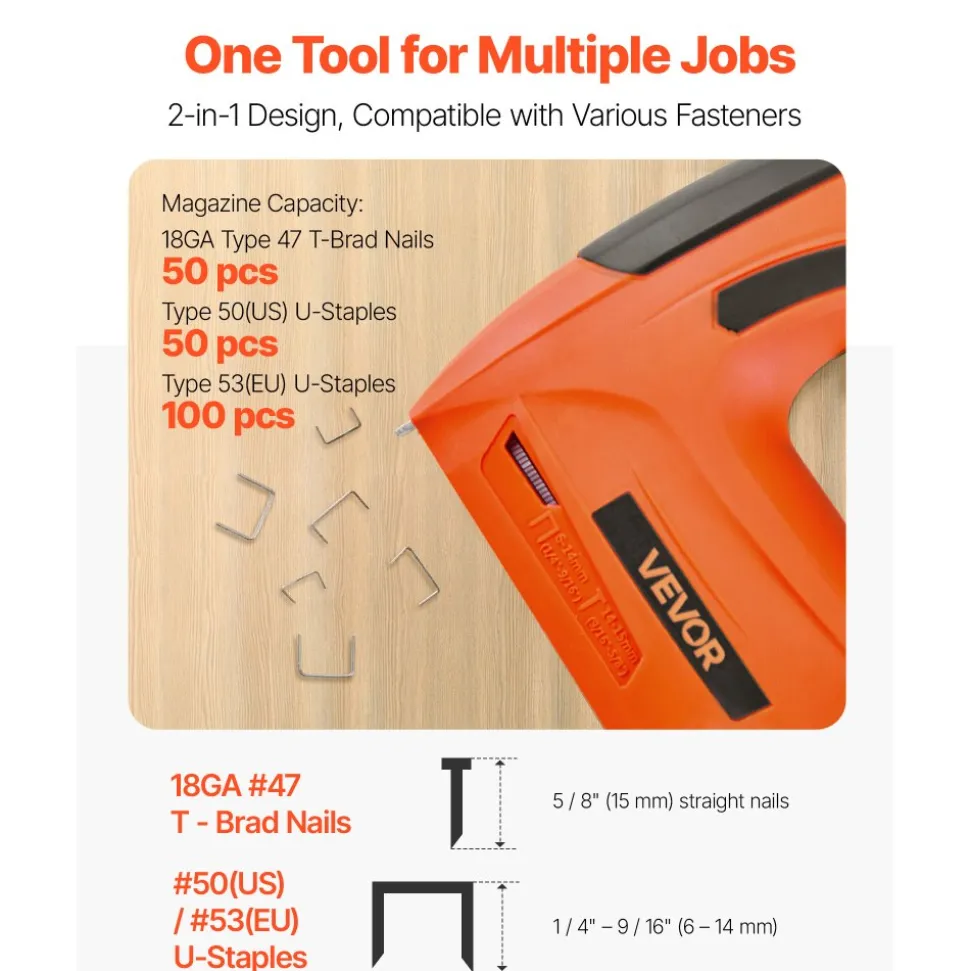 VEVOR Cordless Brad Nailer, 2-in-1 Nail Gun Staple Gun, 18 Gauge 5/8 inch, Battery Powered, with 1000 Pcs Staples and 1000 Pcs Nails, Non-Slip Rubber Grip, for Woodworking, Carpentry and DIY Projects