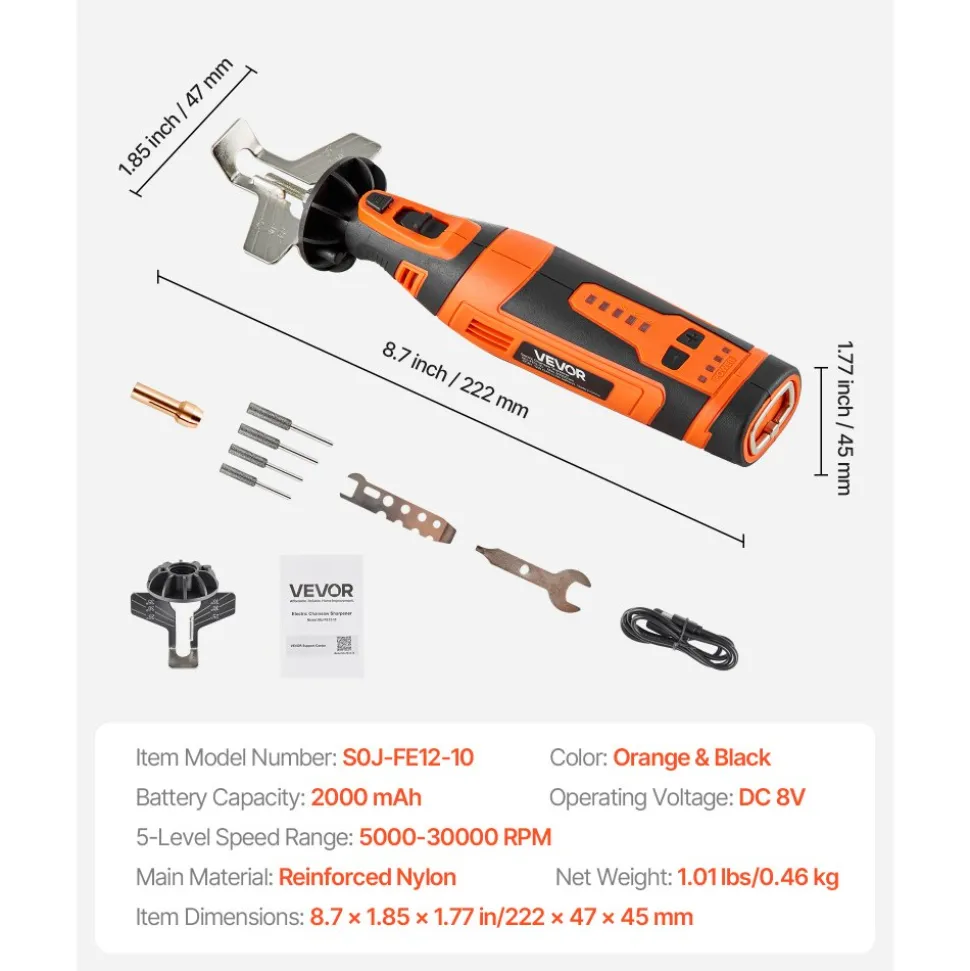 VEVOR Cordless Chainsaw Sharpener, 5-Speed Adjustable Electric Saw Chain Sharpener 5000-30000 RPM, Rechargeable Handheld Chainsaw Sharpening Tool with 4 Sharpening Heads & Angle Guide Attachment