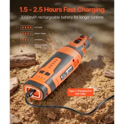 VEVOR Cordless Chainsaw Sharpener, 5-Speed Adjustable Electric Saw Chain Sharpener 5000-30000 RPM, Rechargeable Handheld Chainsaw Sharpening Tool with 4 Sharpening Heads & Angle Guide Attachment