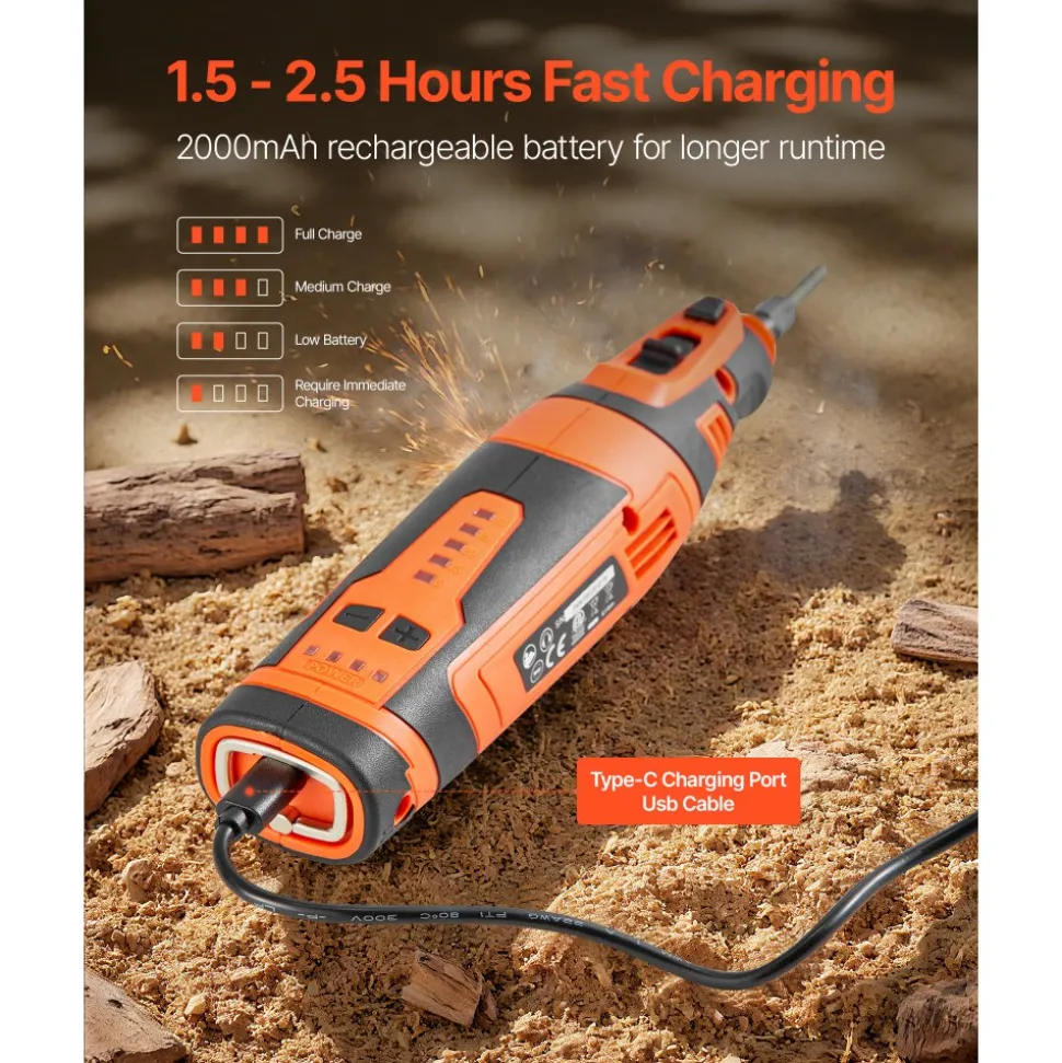 VEVOR Cordless Chainsaw Sharpener, 5-Speed Adjustable Electric Saw Chain Sharpener 5000-30000 RPM, Rechargeable Handheld Chainsaw Sharpening Tool with 4 Sharpening Heads & Angle Guide Attachment