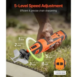 VEVOR Cordless Chainsaw Sharpener, 5-Speed Adjustable Electric Saw Chain Sharpener 5000-30000 RPM, Rechargeable Handheld Chainsaw Sharpening Tool with 4 Sharpening Heads & Angle Guide Attachment