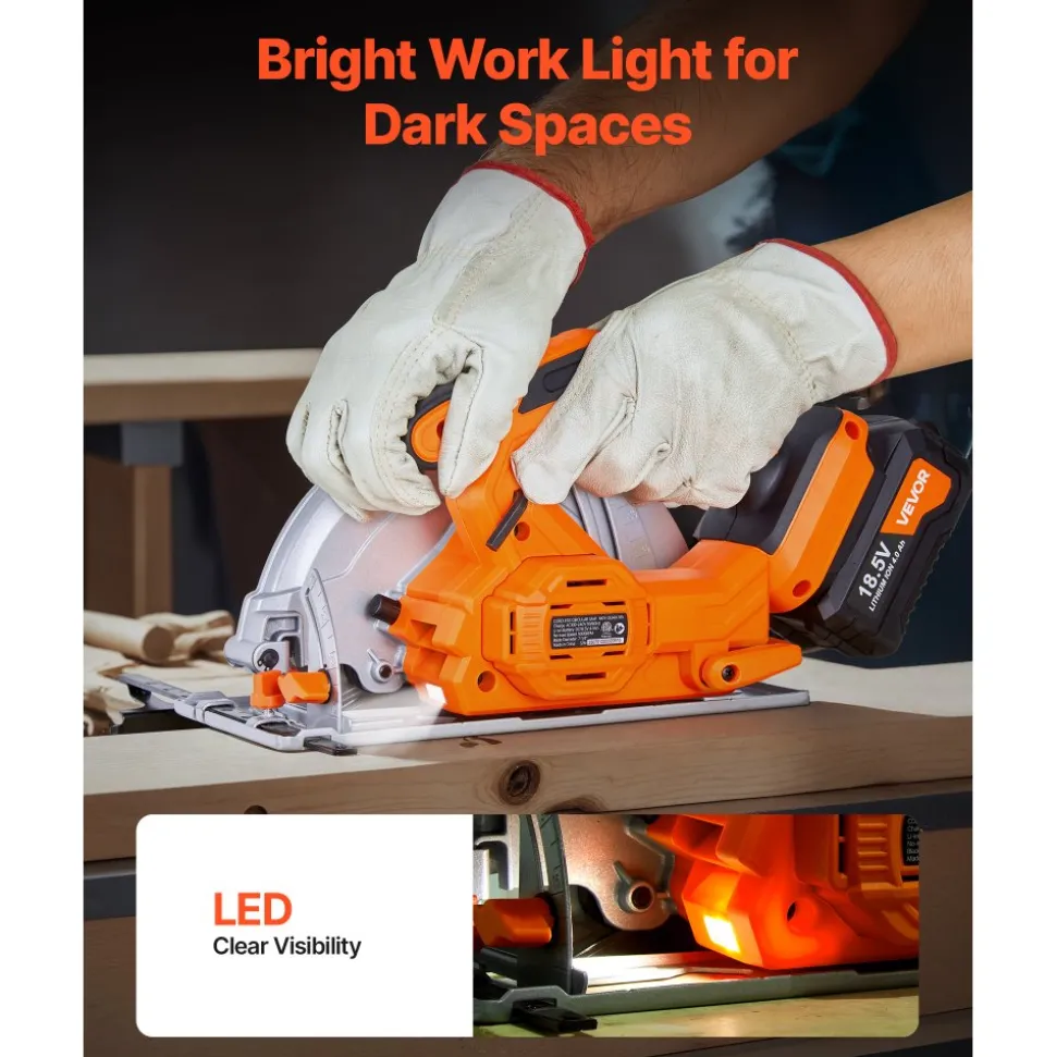 VEVOR Cordless Circular Saw, 7-1/4 inch Blade, 5000 RPM Speed, 0-45 Degree Bevel Capability, Brushless Motor, LED Light, Electric Circular Saw Kit with Battery and Charger Included, for Wood Cutting