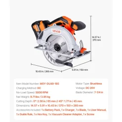VEVOR Cordless Circular Saw, 7-1/4 inch Blade, 5000 RPM Speed, 0-45 Degree Bevel Capability, Brushless Motor, LED Light, Electric Circular Saw Kit with Battery and Charger Included, for Wood Cutting