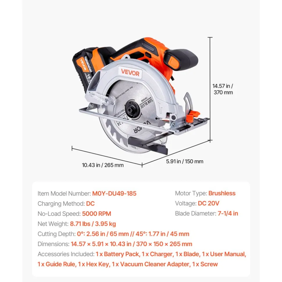 VEVOR Cordless Circular Saw, 7-1/4 inch Blade, 5000 RPM Speed, 0-45 Degree Bevel Capability, Brushless Motor, LED Light, Electric Circular Saw Kit with Battery and Charger Included, for Wood Cutting
