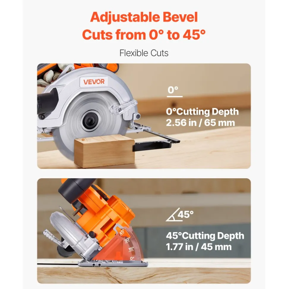 VEVOR Cordless Circular Saw, 7-1/4 inch Blade, 5000 RPM Speed, 0-45 Degree Bevel Capability, Brushless Motor, LED Light, Electric Circular Saw Kit with Battery and Charger Included, for Wood Cutting