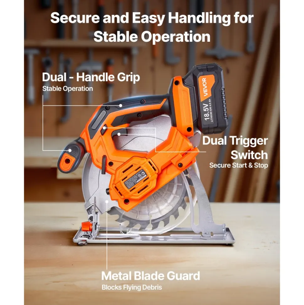 VEVOR Cordless Circular Saw, 7-1/4 inch Blade, 5000 RPM Speed, 0-45 Degree Bevel Capability, Brushless Motor, LED Light, Electric Circular Saw Kit with Battery and Charger Included, for Wood Cutting
