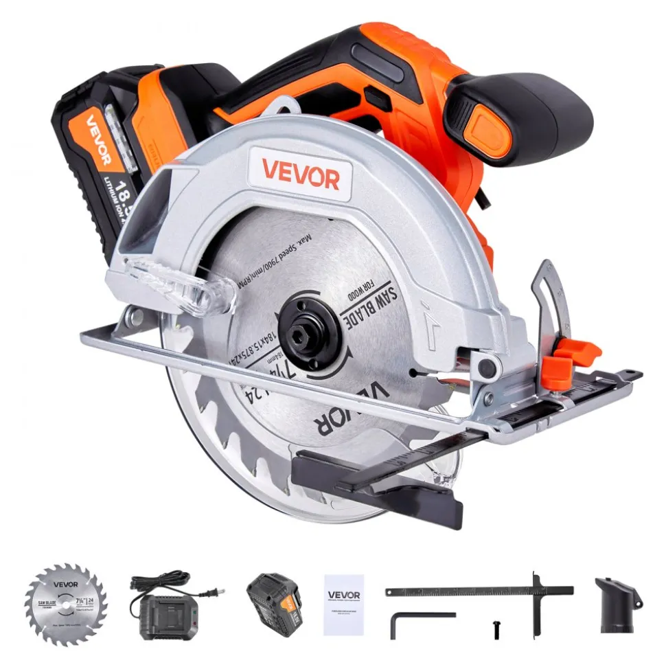 VEVOR Cordless Circular Saw, 7-1/4 inch Blade, 5000 RPM Speed, 0-45 Degree Bevel Capability, Brushless Motor, LED Light, Electric Circular Saw Kit with Battery and Charger Included, for Wood Cutting