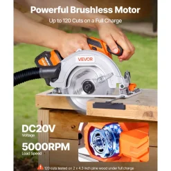 VEVOR Cordless Circular Saw, 7-1/4 inch Blade, 5000 RPM Speed, 0-45 Degree Bevel Capability, Brushless Motor, LED Light, Electric Circular Saw Kit with Battery and Charger Included, for Wood Cutting