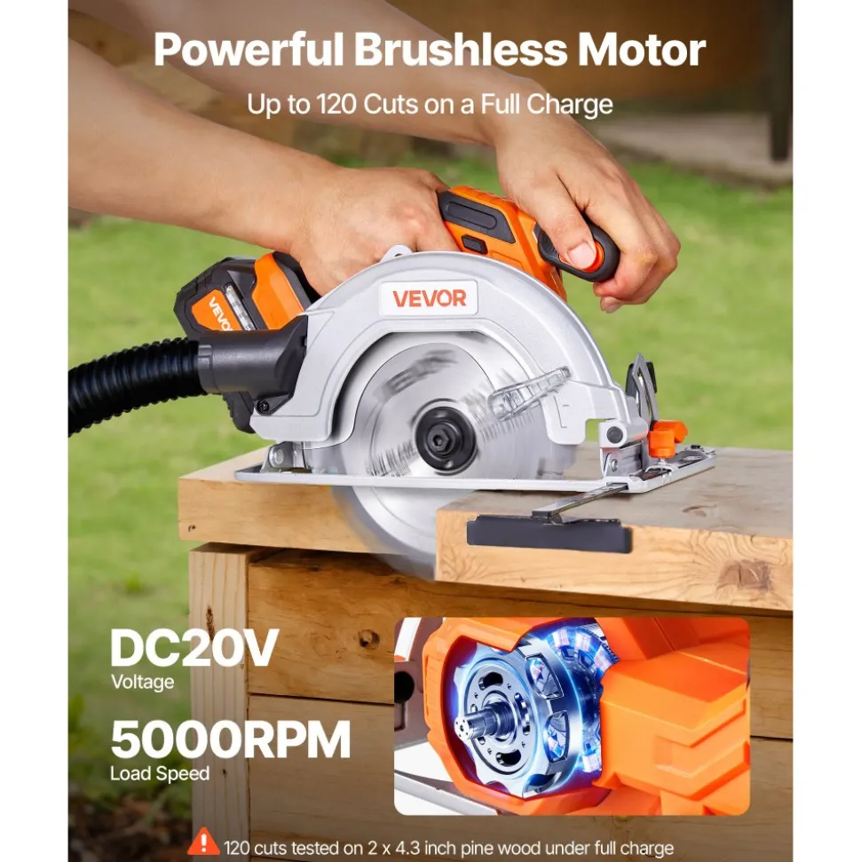VEVOR Cordless Circular Saw, 7-1/4 inch Blade, 5000 RPM Speed, 0-45 Degree Bevel Capability, Brushless Motor, LED Light, Electric Circular Saw Kit with Battery and Charger Included, for Wood Cutting