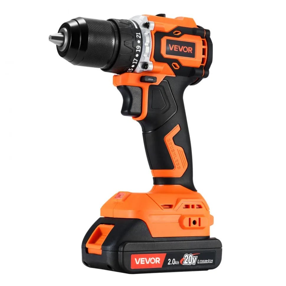 VEVOR Cordless Drill Driver, 1/2 inch Metal Chuck, Brushless Motor, Dual-Speed Variable, Drill Driver Kit with Lithium Battery and Charger, Tool Box, for Wood and Metal Drilling, Screw Driving