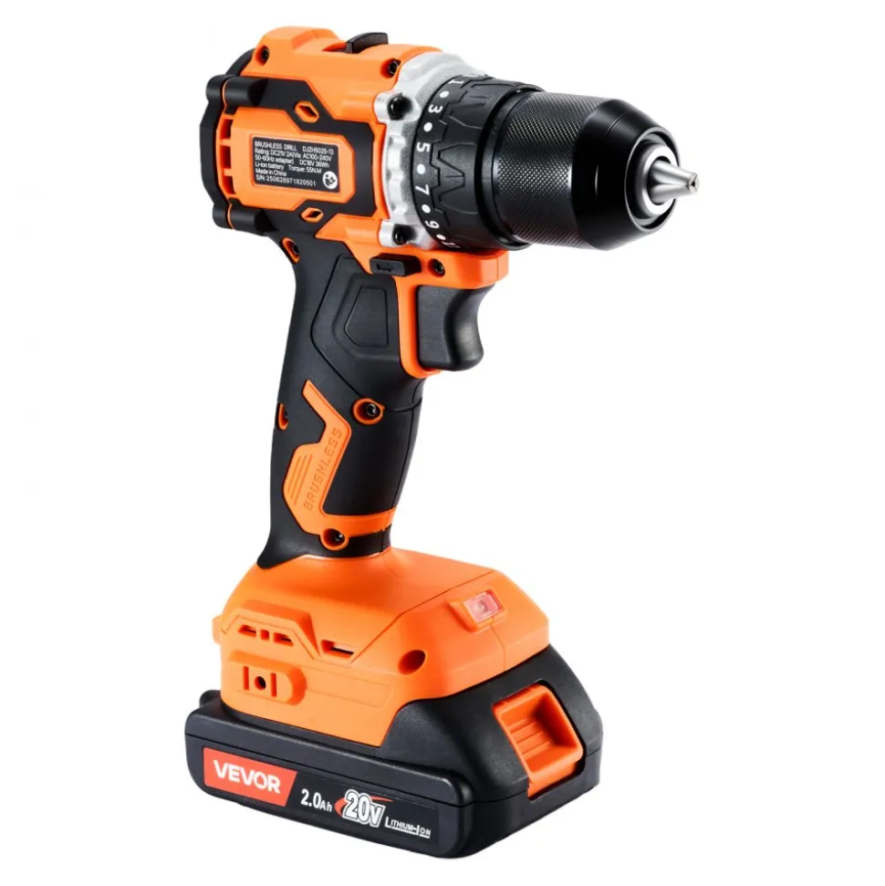 VEVOR Cordless Drill Driver, 1/2 inch Metal Chuck, Brushless Motor, Dual-Speed Variable, Drill Driver Kit with Lithium Battery and Charger, Tool Box, for Wood and Metal Drilling, Screw Driving