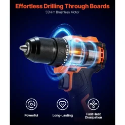 VEVOR Cordless Drill Driver, 1/2 inch Metal Chuck, Brushless Motor, Dual-Speed Variable, Drill Driver Kit with Lithium Battery and Charger, Tool Box, for Wood and Metal Drilling, Screw Driving