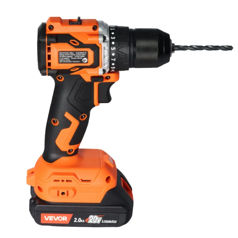 VEVOR Cordless Drill Driver, 1/2 inch Metal Chuck, Brushless Motor, Dual-Speed Variable, Drill Driver Kit with Lithium Battery and Charger, Tool Box, for Wood and Metal Drilling, Screw Driving