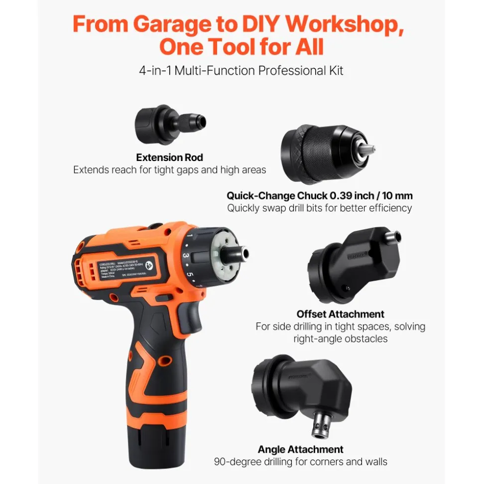 VEVOR Cordless Drill Driver, 5-In-1, Metal Chuck, Dual-Speed Variable, Drill Driver Kit with 2 Lithium Batteries and Charger, Tool Box, for Wood and Metal Drilling, Screw Tightening or Loosening