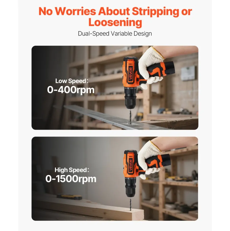 VEVOR Cordless Drill Driver, 5-In-1, Metal Chuck, Dual-Speed Variable, Drill Driver Kit with 2 Lithium Batteries and Charger, Tool Box, for Wood and Metal Drilling, Screw Tightening or Loosening