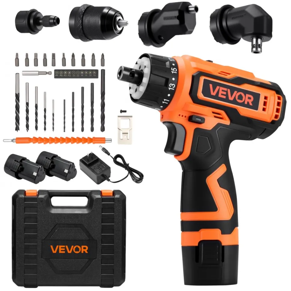 VEVOR Cordless Drill Driver, 5-In-1, Metal Chuck, Dual-Speed Variable, Drill Driver Kit with 2 Lithium Batteries and Charger, Tool Box, for Wood and Metal Drilling, Screw Tightening or Loosening
