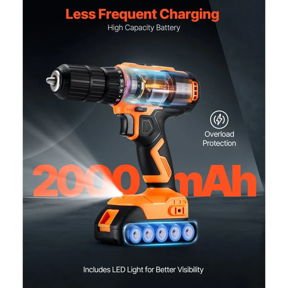 VEVOR Cordless Drill Driver, 1/2 inch Metal Chuck, Dual-Speed Variable, Drill Driver Kit with Lithium Battery and Charger, Belt Clip, for Wood and Metal Drilling, Screw Tightening or Loosening