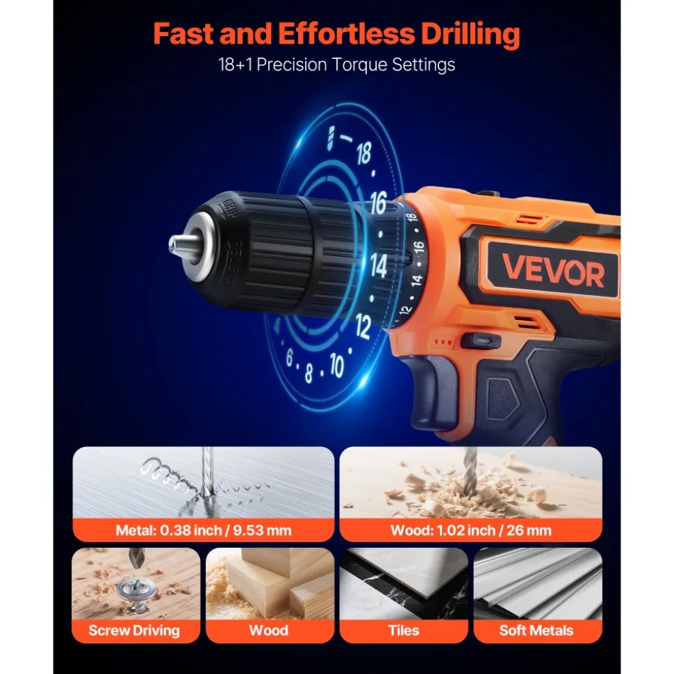 VEVOR Cordless Drill Driver, 1/2 inch Metal Chuck, Dual-Speed Variable, Drill Driver Kit with Lithium Battery and Charger, Belt Clip, for Wood and Metal Drilling, Screw Tightening or Loosening
