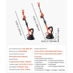 VEVOR Cordless Drywall Sander, 450W Electric Sander, Popcorn Ceiling Removal Tool with Vacuum Dust Collection, 7 Variable Speed 0-1600 RPM, LED Light, Foldable & Extendable Handle, 15 Sanding Discs