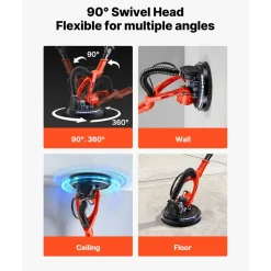 VEVOR Cordless Drywall Sander, 450W Electric Sander, Popcorn Ceiling Removal Tool with Vacuum Dust Collection, 7 Variable Speed 0-1600 RPM, LED Light, Foldable & Extendable Handle, 15 Sanding Discs