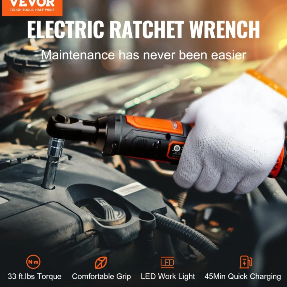 VEVOR 3/8" Cordless Electric Ratchet Wrench Set, 12V 33 Ft-lbs Power Ratchet Tool Kit, 45-Min Fast Charge, 2-Pack 2.0Ah Battery, Built-in LED Light, Variable Speed Trigger, 10 Sockets