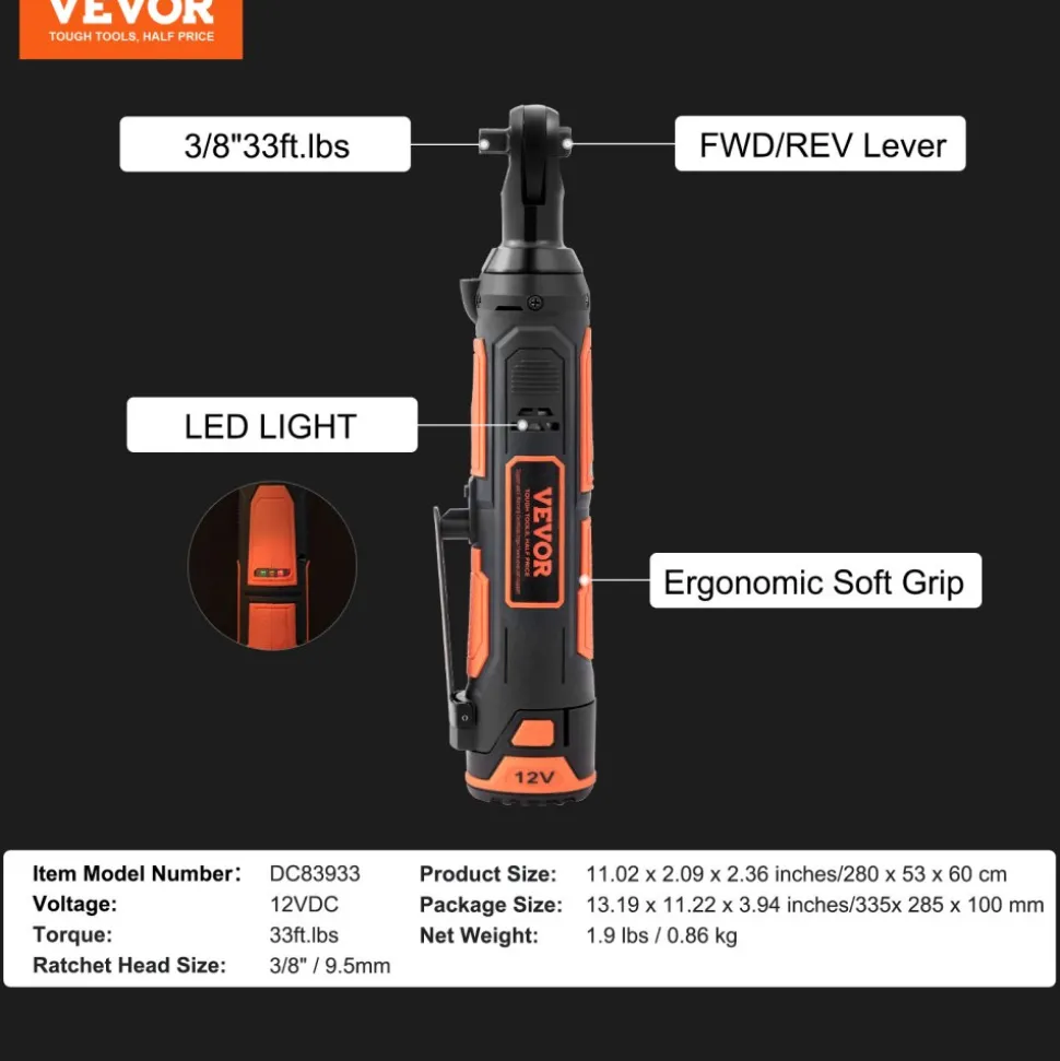 VEVOR 3/8" Cordless Electric Ratchet Wrench Set, 12V 33 Ft-lbs Power Ratchet Tool Kit, 45-Min Fast Charge, 2-Pack 2.0Ah Battery, Built-in LED Light, Variable Speed Trigger, 10 Sockets