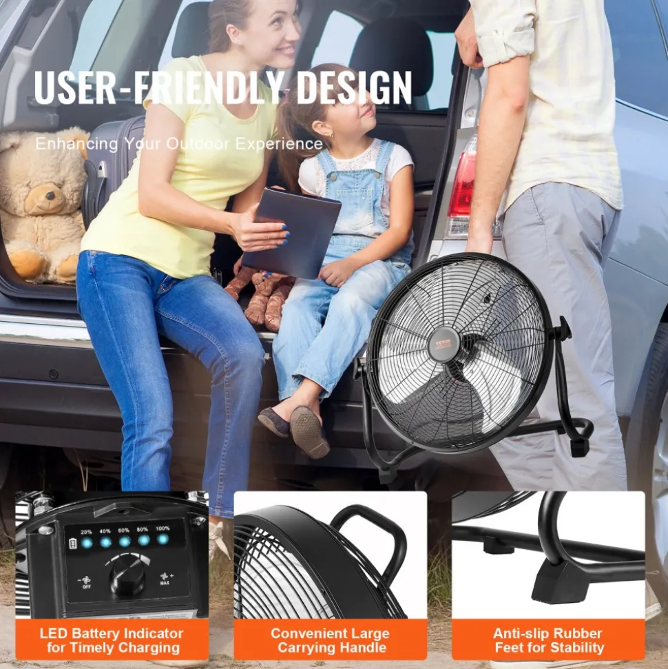 VEVOR Cordless Fan 16 in, Portable Quiet Personal Fan for Home or Office, 360 Degree Manual Pivoting Head, Stepless Speed Regulation High Velocity Cordless Fan, Heavy Duty Metal Industrial Floor Fans