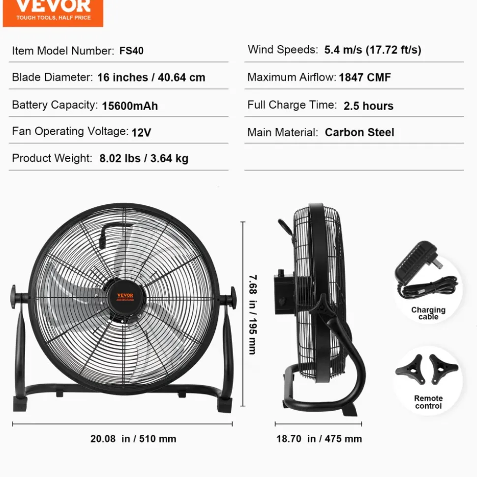 VEVOR Cordless Fan 16 in, Portable Quiet Personal Fan for Home or Office, 360 Degree Manual Pivoting Head, Stepless Speed Regulation High Velocity Cordless Fan, Heavy Duty Metal Industrial Floor Fans