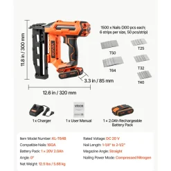 VEVOR Cordless Finish Nailer 20V 16GA Straight Cordless Nailer with Battery, Drives 1-1/4