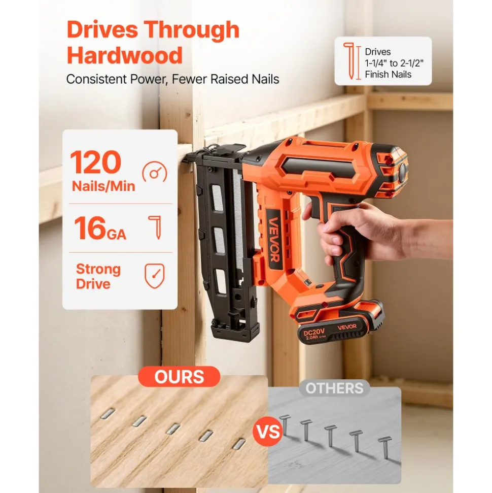 VEVOR Cordless Finish Nailer 20V 16GA Straight Cordless Nailer with Battery, Drives 1-1/4" to 2-1/2" Nails, with 1500 Nails, 2.0Ah Lithium-Ion Battery and Charger, with Ergonomic Handle, Lightweight