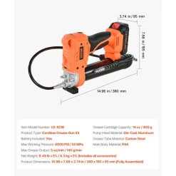 VEVOR Cordless Grease Gun, 8000 PSI Max Pressure, 20V Electric Grease Gun with 2.0 Ah Battery & LED Light, 35.4-inch Long Hose & Carrying Case, Variable Speed Triggers, Vehicles or Machines Greasing