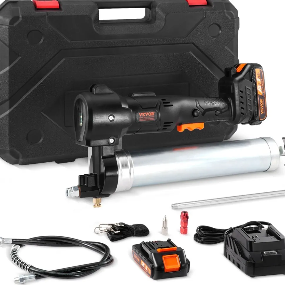 VEVOR Cordless Grease Gun, 20-Volt, 10,000 PSI, 39" Long Hose, Electric Grease Gun Kit Professional High Pressure Battery Powered Grease Gun with Carrying Case, Two Batteries & Charger Included, Black