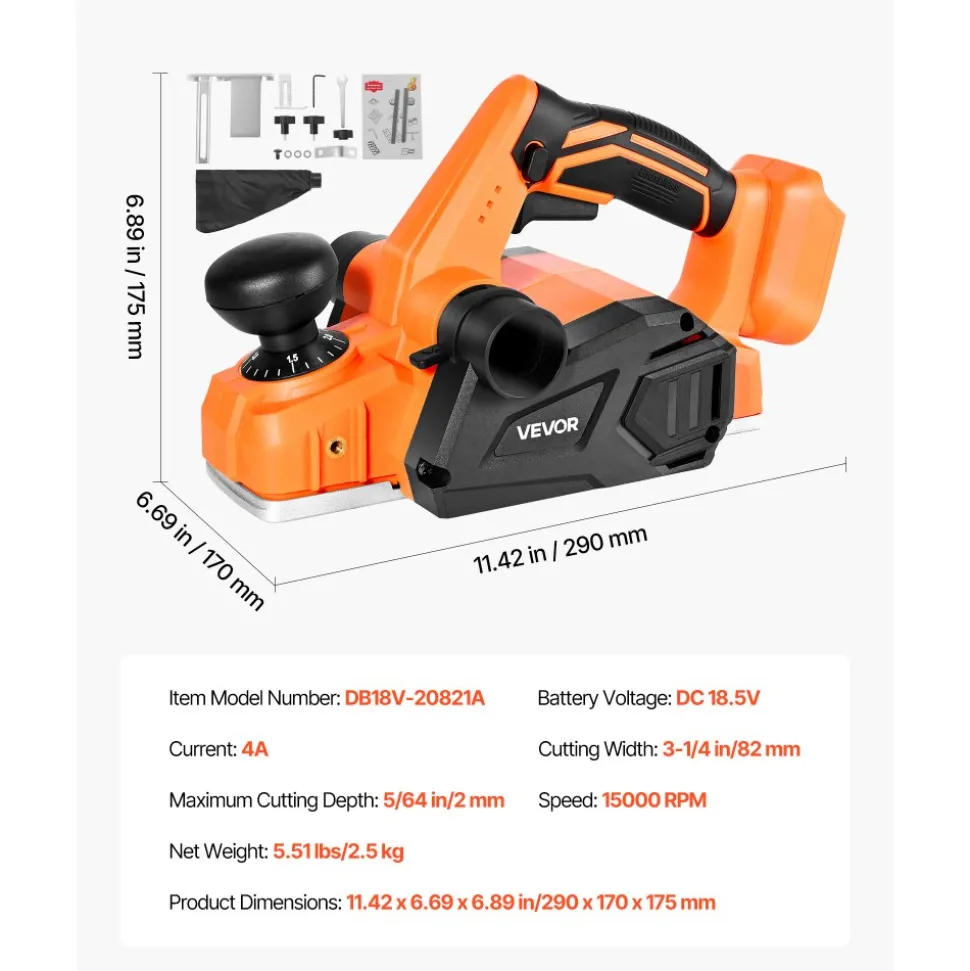 VEVOR Cordless Handheld Planer, 3-1/4-Inch Cut Width, 15000 RPM Electric Hand Wood Planer with Brushless Motor, Adjustable Cut Depth for Woodworking, Compatible with VEVOR 18V Battery (Bare Tool Only)
