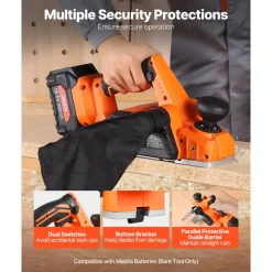 VEVOR Cordless Handheld Planer, 3-1/4-Inch Cut Width, 15000 RPM Electric Hand Wood Planer with Brushless Motor, Adjustable Cut Depth for Woodworking, Compatible with VEVOR 18V Battery (Bare Tool Only)