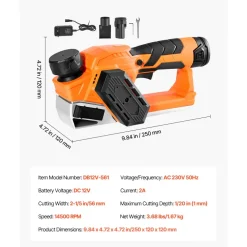 VEVOR Cordless Handheld Planer, 2-1/5-Inch Cut Width, 14500 RPM Electric Hand Wood Planer with 2 Ah 12V Lithium Battery, Brushless Motor, Adjustable Cut Depth, 2 Blades, for Woodworking Wood Chamfer