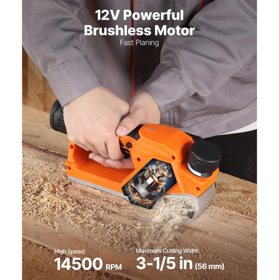 VEVOR Cordless Handheld Planer, 2-1/5-Inch Cut Width, 14500 RPM Electric Hand Wood Planer with 2 Ah 12V Lithium Battery, Brushless Motor, Adjustable Cut Depth, 2 Blades, for Woodworking Wood Chamfer