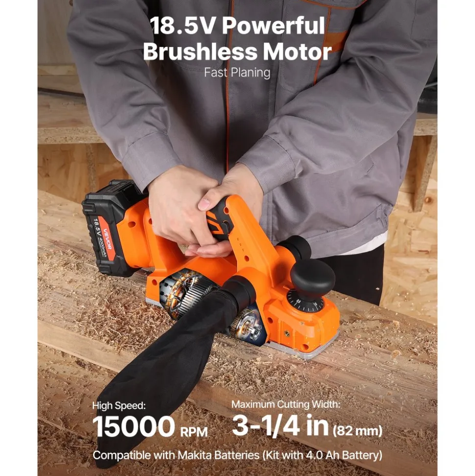 VEVOR Cordless Handheld Planer, 3-1/4-Inch Cut Width, 15000 RPM Electric Hand Wood Planer with 4.0 Ah 18V Lithium Battery, Brushless Motor, Adjustable Cut Depth, Dust Collection Bag, for Woodworking
