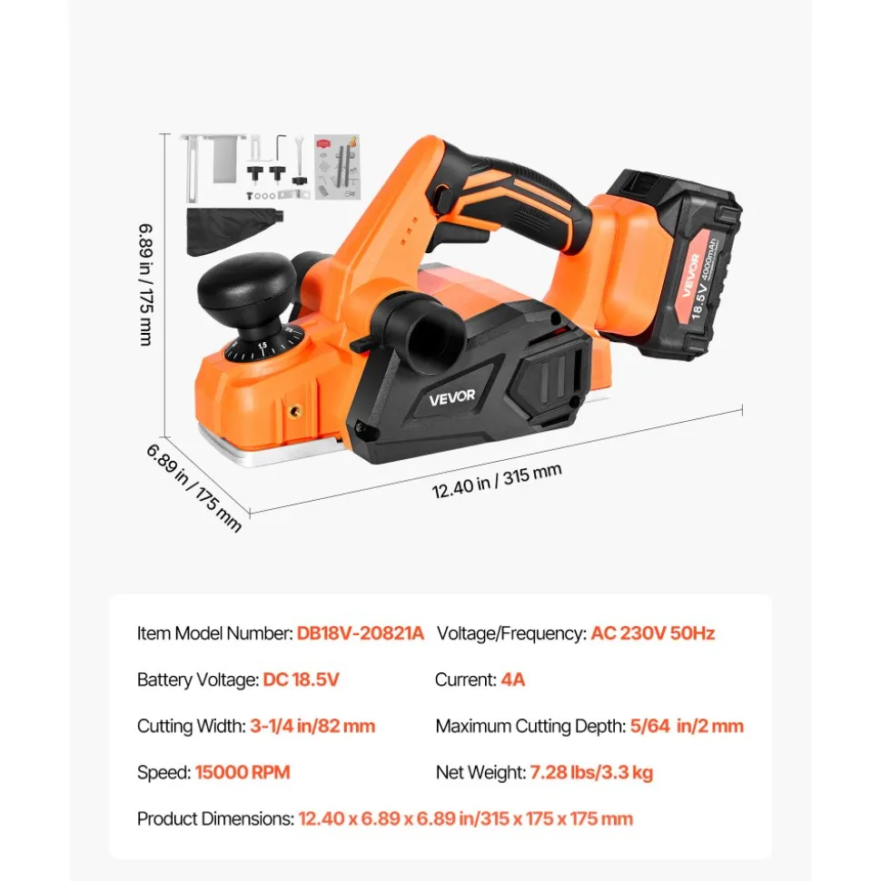 VEVOR Cordless Handheld Planer, 3-1/4-Inch Cut Width, 15000 RPM Electric Hand Wood Planer with 4.0 Ah 18V Lithium Battery, Brushless Motor, Adjustable Cut Depth, Dust Collection Bag, for Woodworking