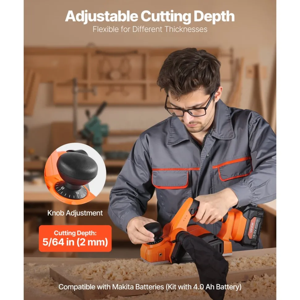 VEVOR Cordless Handheld Planer, 3-1/4-Inch Cut Width, 15000 RPM Electric Hand Wood Planer with 4.0 Ah 18V Lithium Battery, Brushless Motor, Adjustable Cut Depth, Dust Collection Bag, for Woodworking