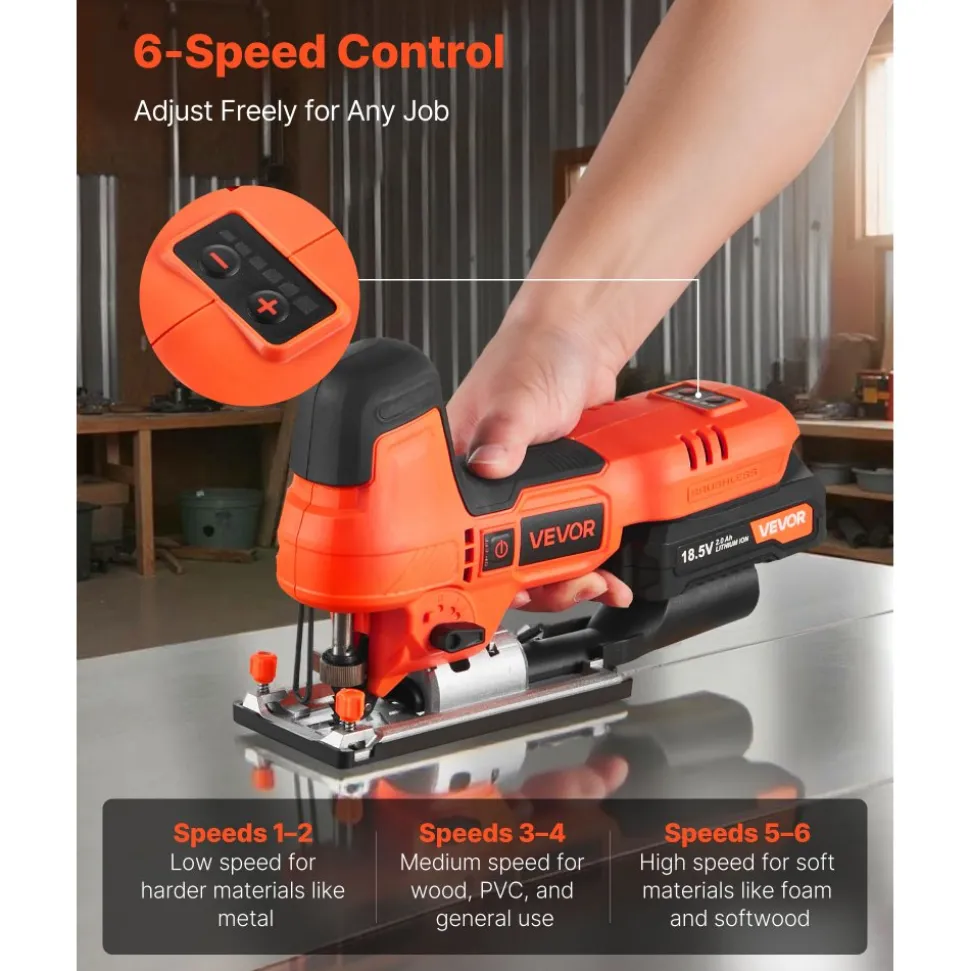 VEVOR Cordless Jig Saw, 20 V Brushless Motor, 3500 SPM Blade Speed, Cordless Jigsaw with 6 pcs Blades, LED Light, 6 Variable Speed, 0- 45° Bevel Cuts, 4 Orbital Settings for Straight/Circle Cutting