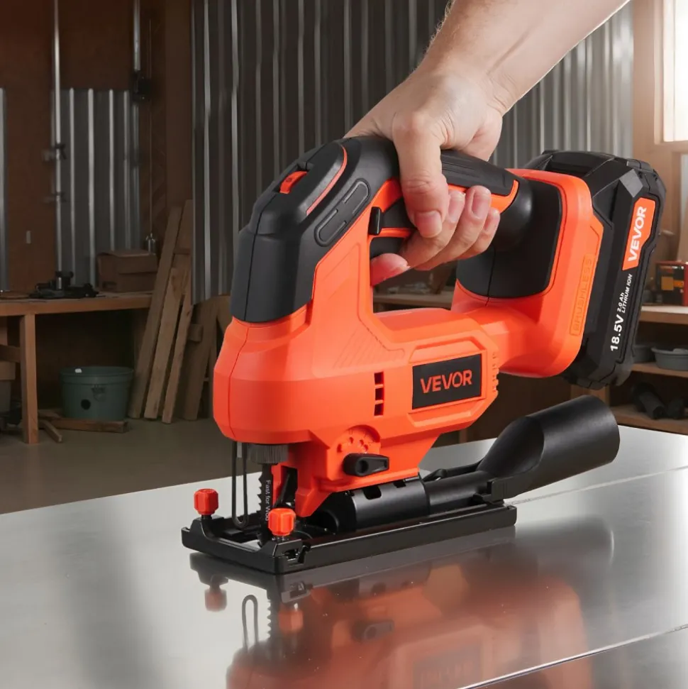 VEVOR Cordless Jig Saw, 20 V Brushless Motor, 3500 SPM Blade Speed, Cordless Jigsaw with 6 pcs Blades, LED Light, 6 Variable Speed, 0- 45° Bevel Cuts, 4 Orbital Settings, for Wood and Metal Cutting